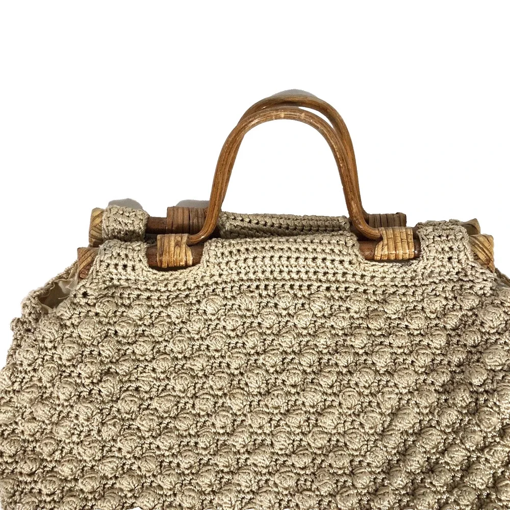 Vintage Crochet Wood Handle Handbag Tan Bauble Bubbles Lined Retro Neutral Beige